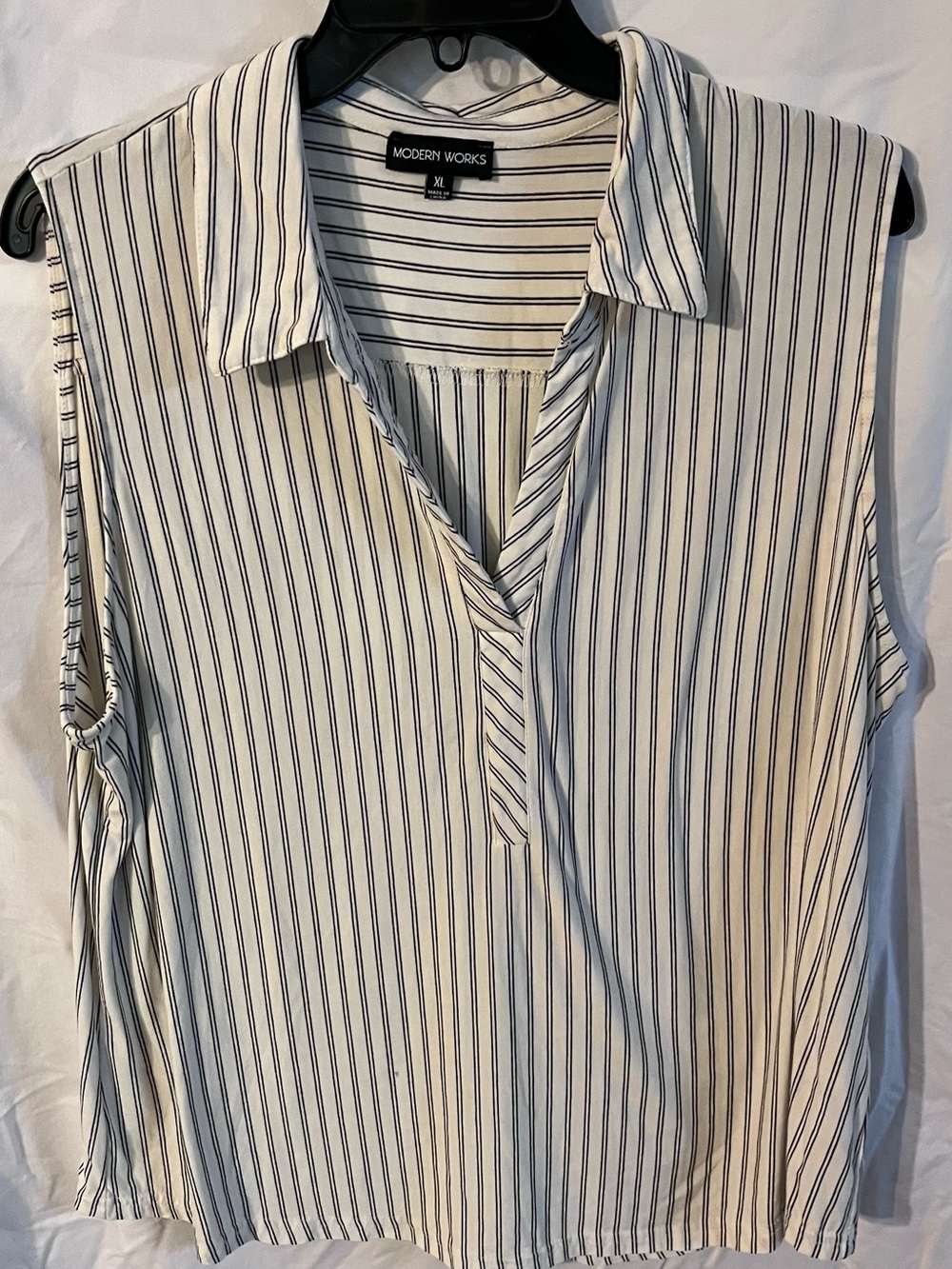 Modern Works White and Black Stripe Sleeveless Collared Camisole